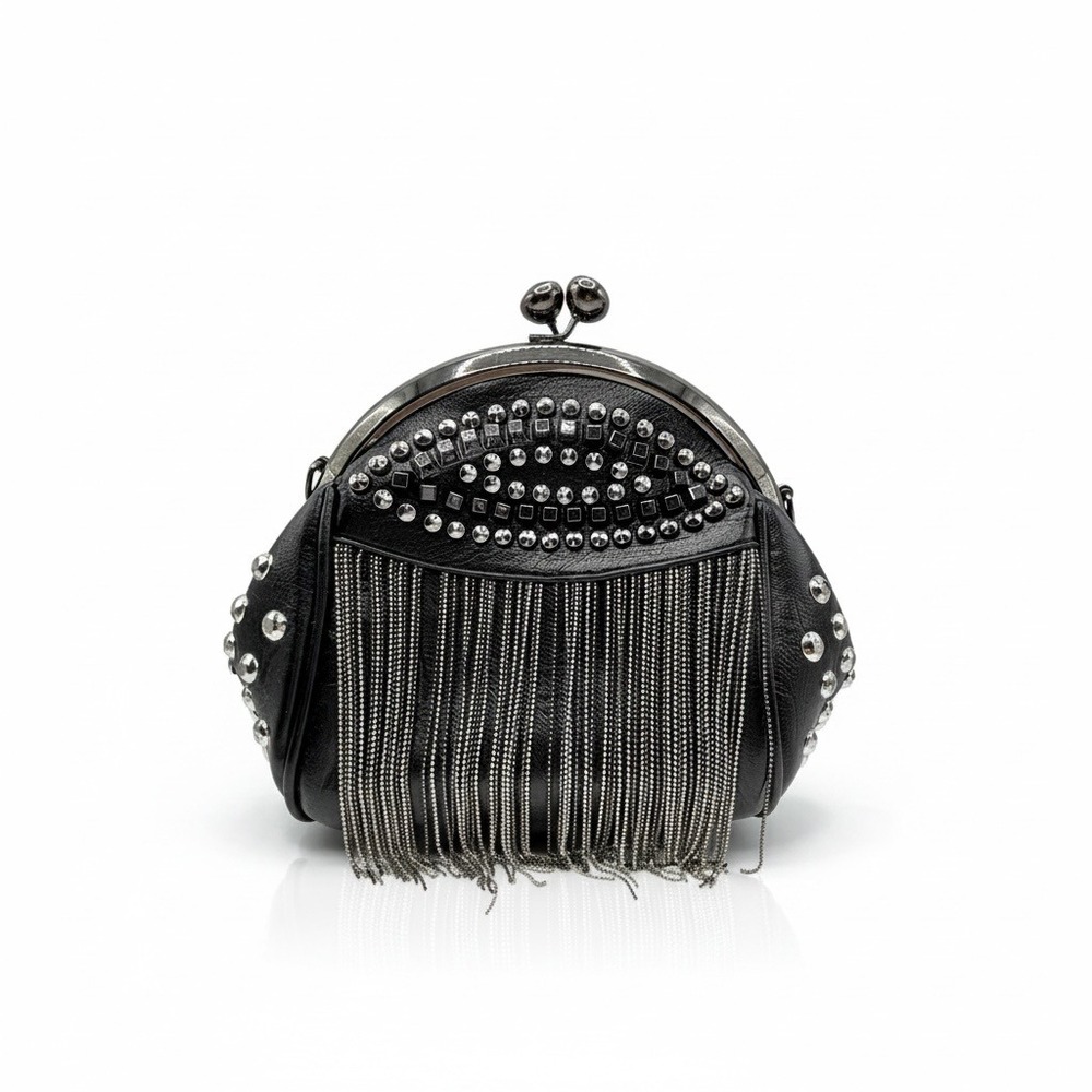 Studded Purse Fringe Kiss Lock Clutch Bag Black Faux Leather Silver Studs Punk